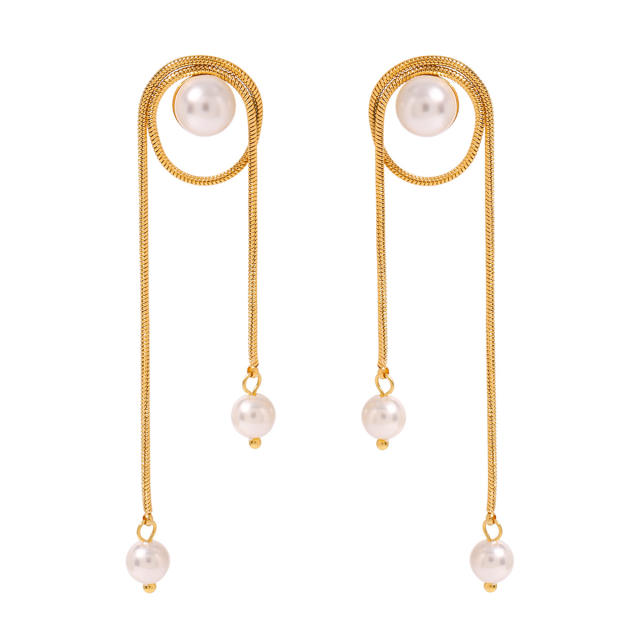 18KG elegant chain tassel pearl stainess steel long earrings