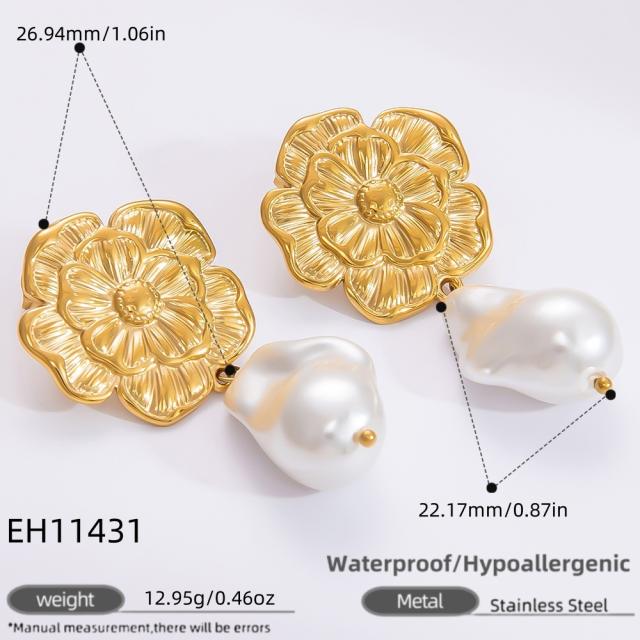 18KG elegant pearl drop stainless steel earrings