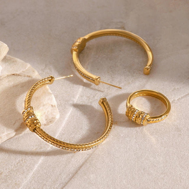 18KG unique big hoop stainless steel earrings finger rings set