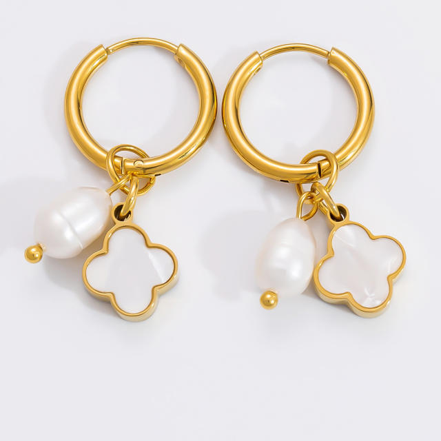 Elegant mother shell pearl bead stainless steel huggie earrings collection