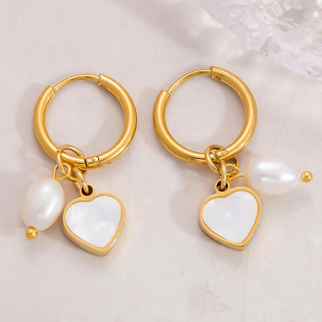 Elegant mother shell pearl bead stainless steel huggie earrings collection