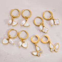 Elegant mother shell pearl bead stainless steel huggie earrings collection