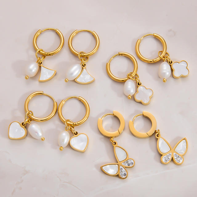 Elegant mother shell pearl bead stainless steel huggie earrings collection