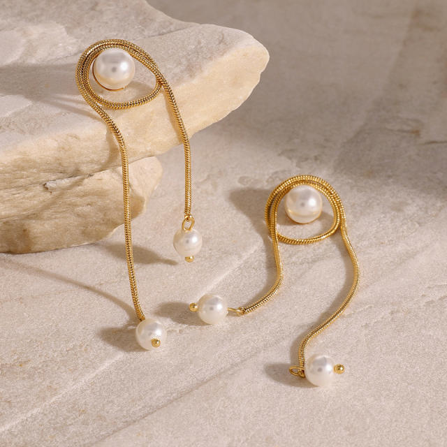 18KG elegant chain tassel pearl stainess steel long earrings