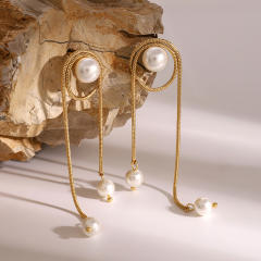 18KG elegant chain tassel pearl stainess steel long earrings