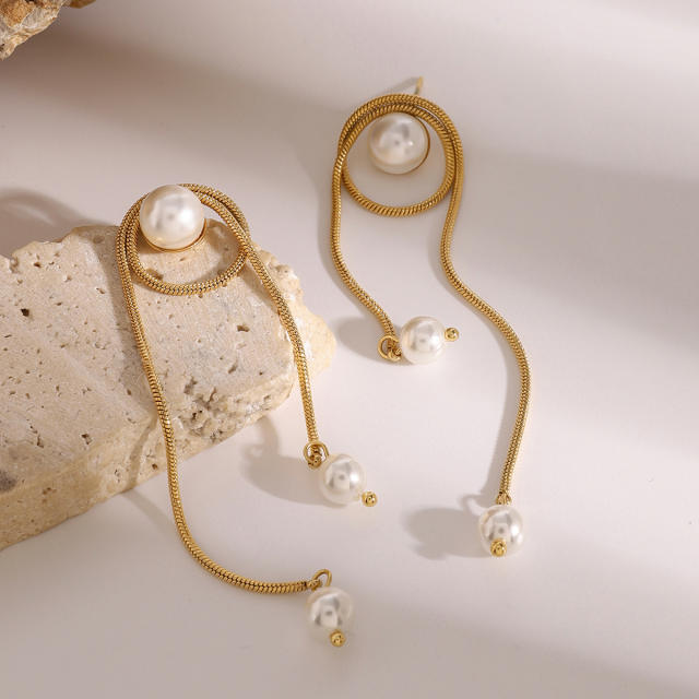 18KG elegant chain tassel pearl stainess steel long earrings