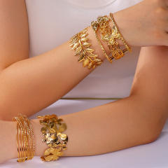 Personality hollow out leaf flower chunky stainless steel cuff bangle