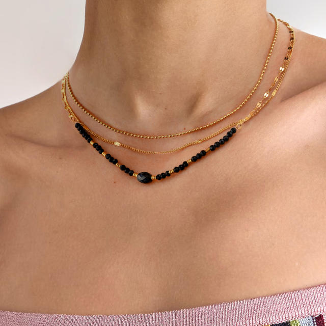 Elegant black natural black crystal stone bead three layer dainty stainless steel necklace