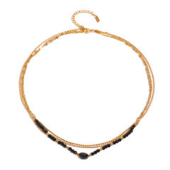 Elegant black natural black crystal stone bead three layer dainty stainless steel necklace
