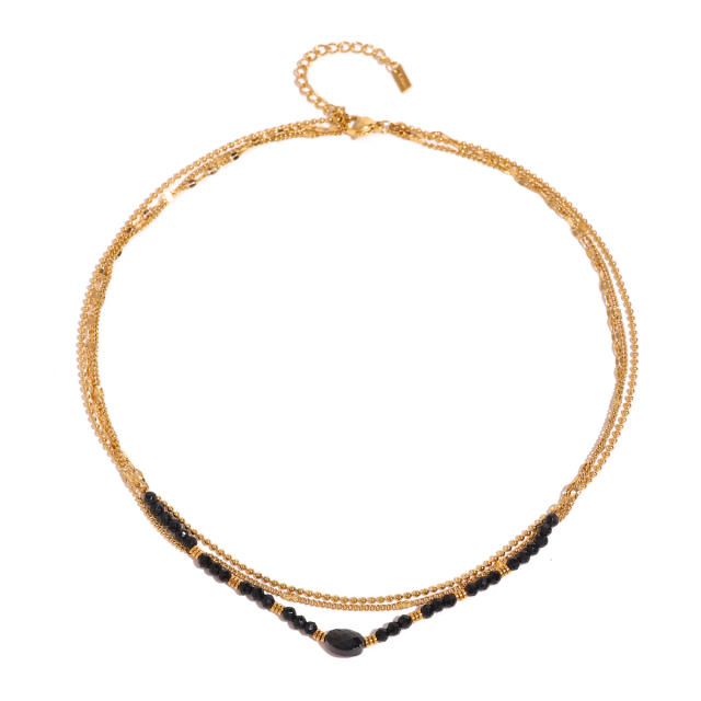 Elegant black natural black crystal stone bead three layer dainty stainless steel necklace
