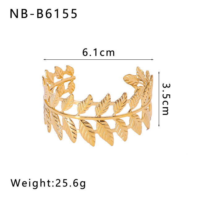 Personality hollow out leaf flower chunky stainless steel cuff bangle