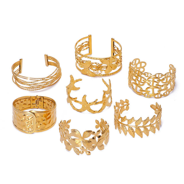 Personality hollow out leaf flower chunky stainless steel cuff bangle