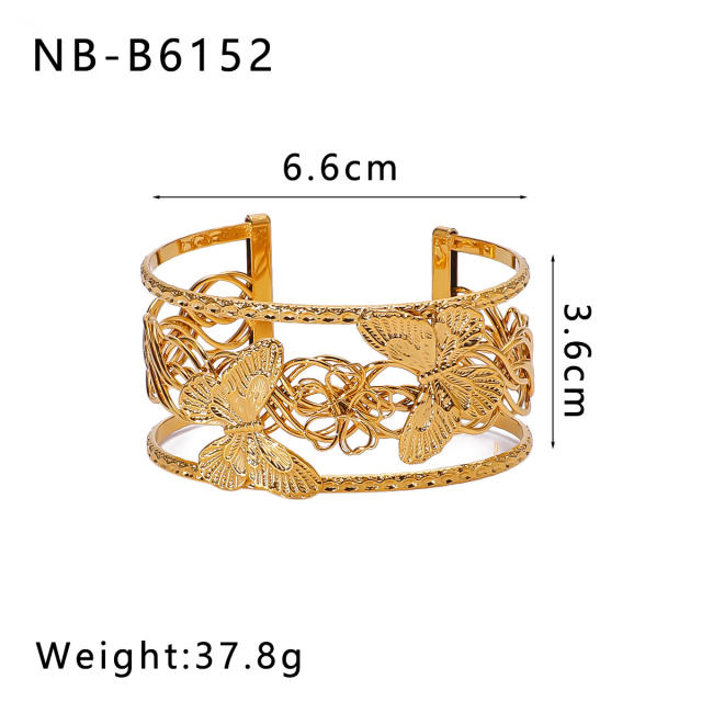 Personality hollow out leaf flower chunky stainless steel cuff bangle