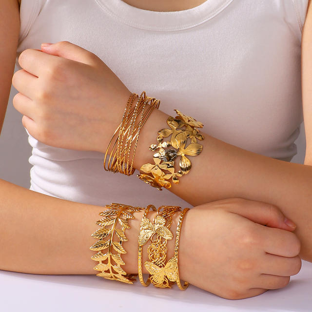 Personality hollow out leaf flower chunky stainless steel cuff bangle