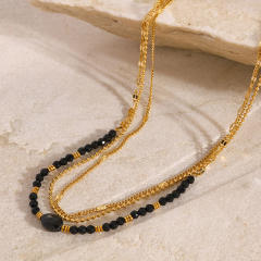 Elegant black natural black crystal stone bead three layer dainty stainless steel necklace