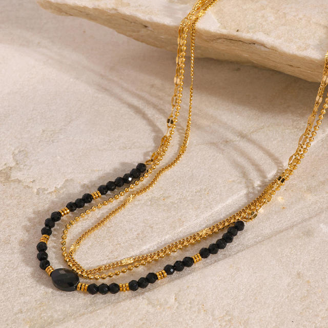 Elegant black natural black crystal stone bead three layer dainty stainless steel necklace
