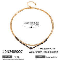 Elegant black natural black crystal stone bead three layer dainty stainless steel necklace