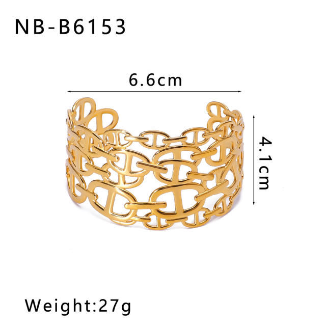 Personality hollow out leaf flower chunky stainless steel cuff bangle