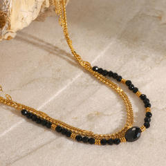 Elegant black natural black crystal stone bead three layer dainty stainless steel necklace