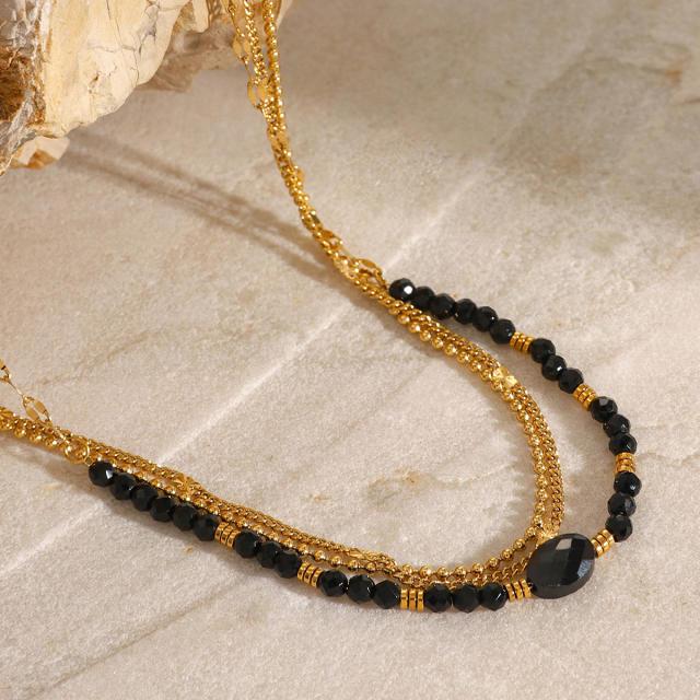 Elegant black natural black crystal stone bead three layer dainty stainless steel necklace