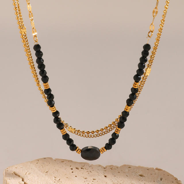Elegant black natural black crystal stone bead three layer dainty stainless steel necklace