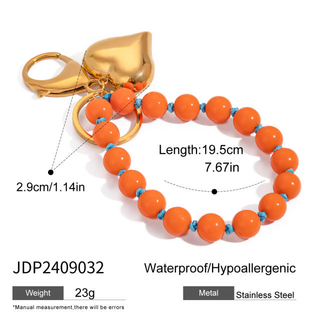 Sweet candy color acrylic bead stainless steel heart keychain wrislet keychain