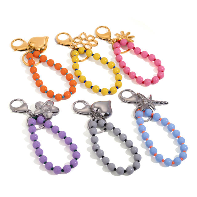 Sweet candy color acrylic bead stainless steel heart keychain wrislet keychain