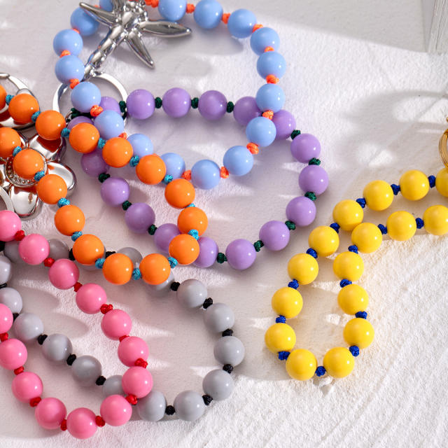 Sweet candy color acrylic bead stainless steel heart keychain wrislet keychain