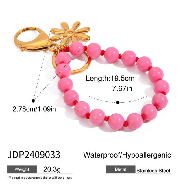 Sweet candy color acrylic bead stainless steel heart keychain wrislet keychain