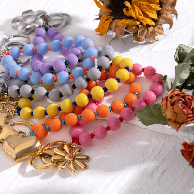 Sweet candy color acrylic bead stainless steel heart keychain wrislet keychain