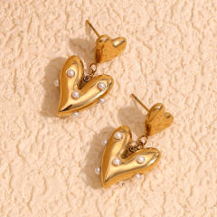 18KG pearl bead heart stainless steel dangle earrings