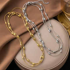 Elegant easy match bean bead layer stainless steel necklace