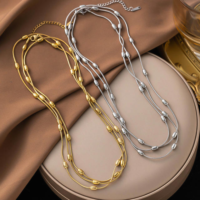 Elegant easy match bean bead layer stainless steel necklace