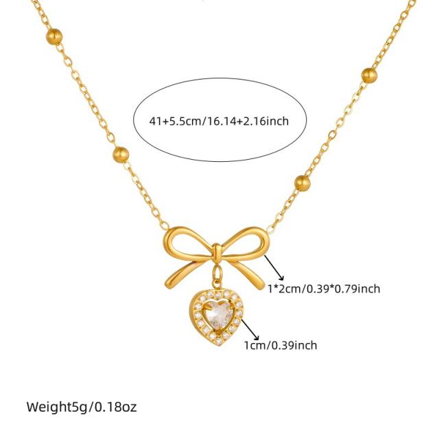 Dainty sweet diamond heart bow pendant stainless steel necklace