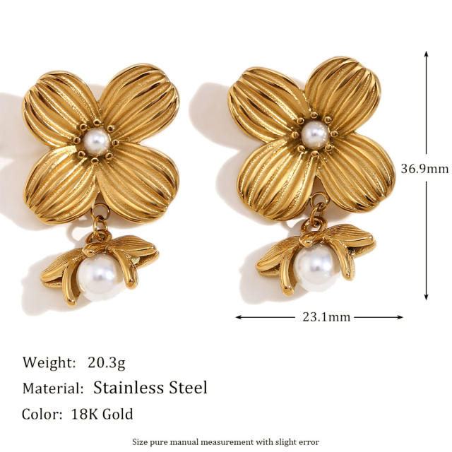 Vintage four petal flower pearl bead stainless steel dangle earrings