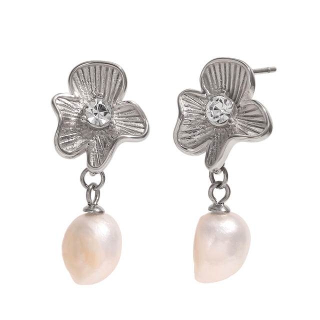 18KG white diamond flower pearl dangle stainless steel earrings