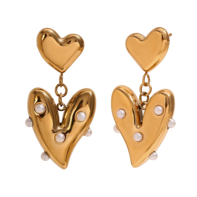 18KG pearl bead heart stainless steel dangle earrings