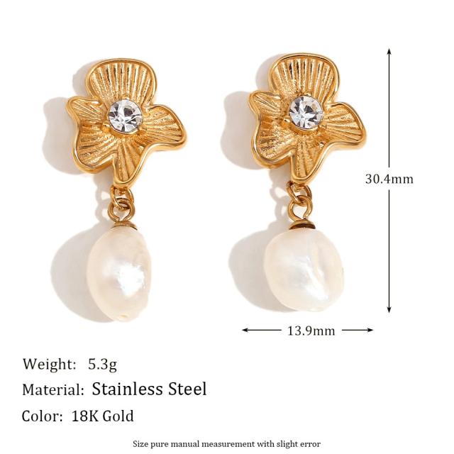 18KG white diamond flower pearl dangle stainless steel earrings