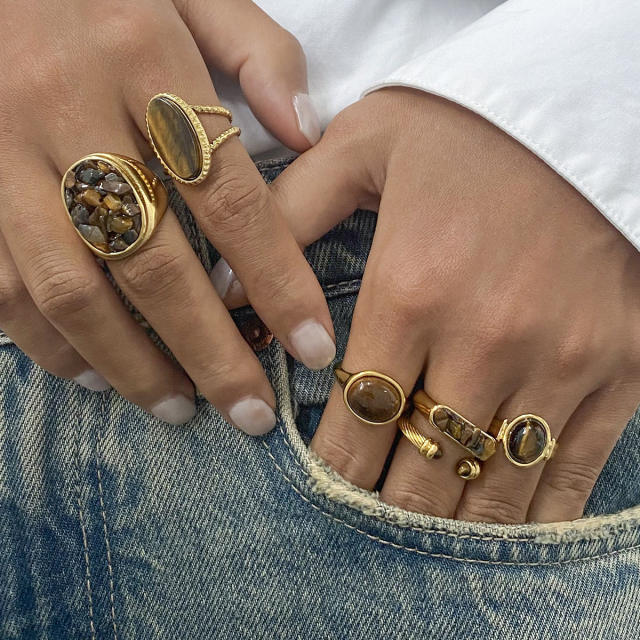 Vintage tiger eye stone statement stainless steel finger rings collection