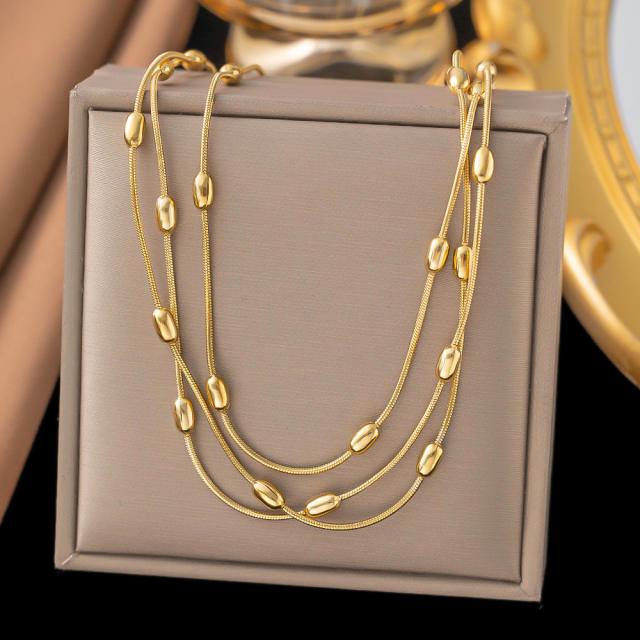 Elegant easy match bean bead layer stainless steel necklace