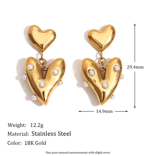 18KG pearl bead heart stainless steel dangle earrings