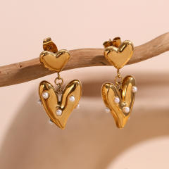 18KG pearl bead heart stainless steel dangle earrings