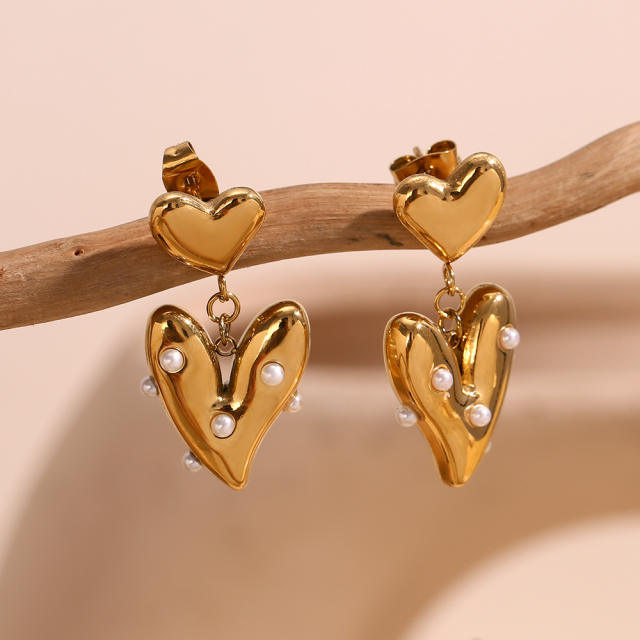 18KG pearl bead heart stainless steel dangle earrings