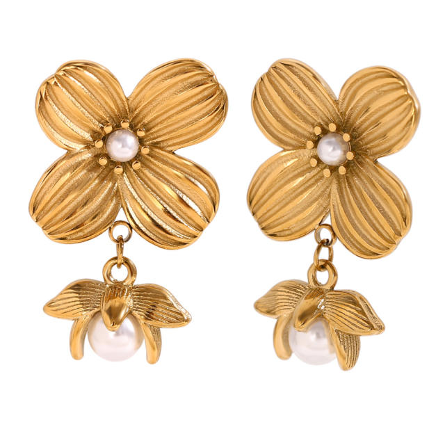 Vintage four petal flower pearl bead stainless steel dangle earrings