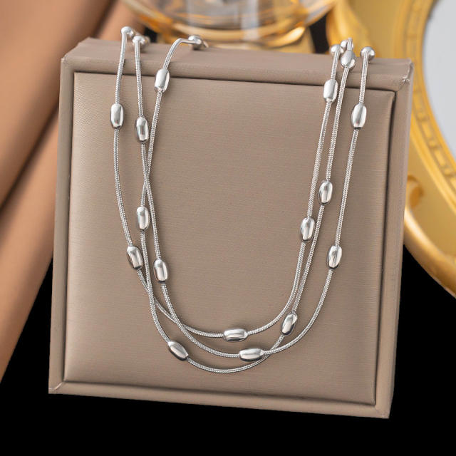 Elegant easy match bean bead layer stainless steel necklace