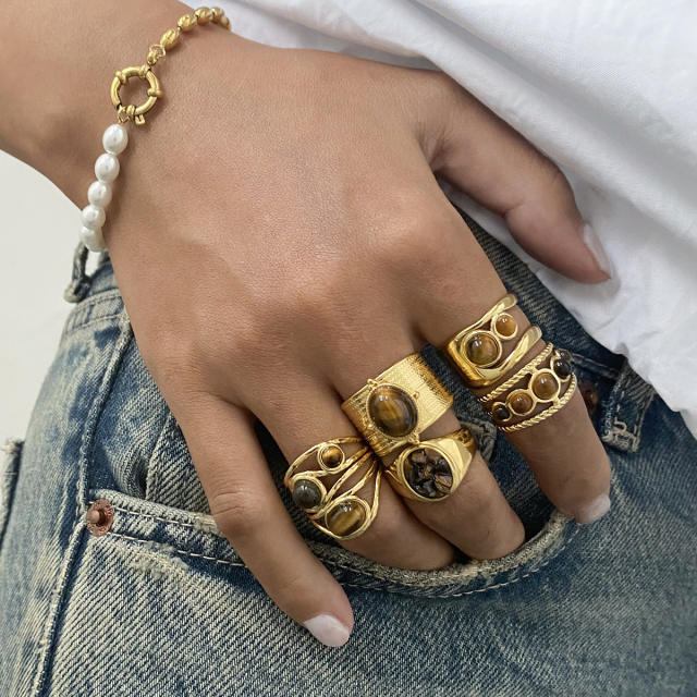 Vintage tiger eye stone statement stainless steel finger rings collection