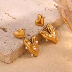18KG pearl bead heart stainless steel dangle earrings