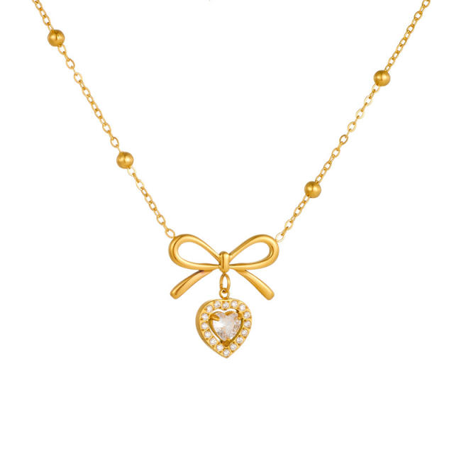 Dainty sweet diamond heart bow pendant stainless steel necklace