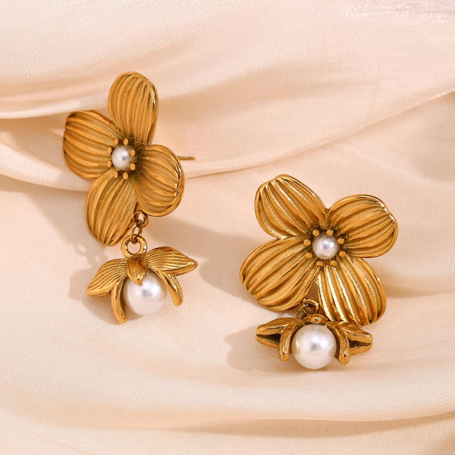 Vintage four petal flower pearl bead stainless steel dangle earrings