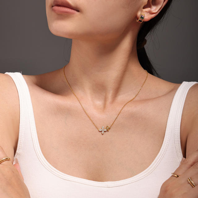 Dainty diamond clover stainless steel necklace bracelet set